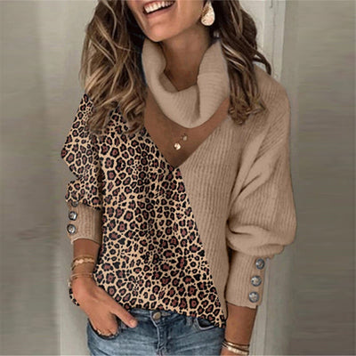 Knitted Leopard Patchwork Turtleneck Sweaters