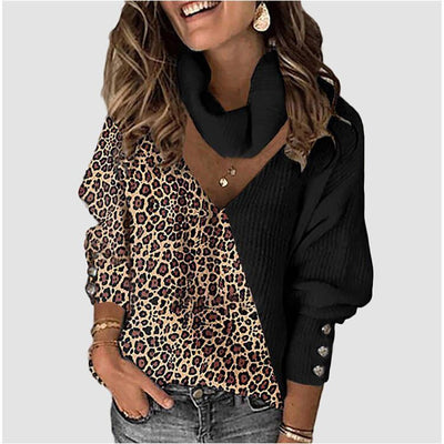 Knitted Leopard Patchwork Turtleneck Sweaters