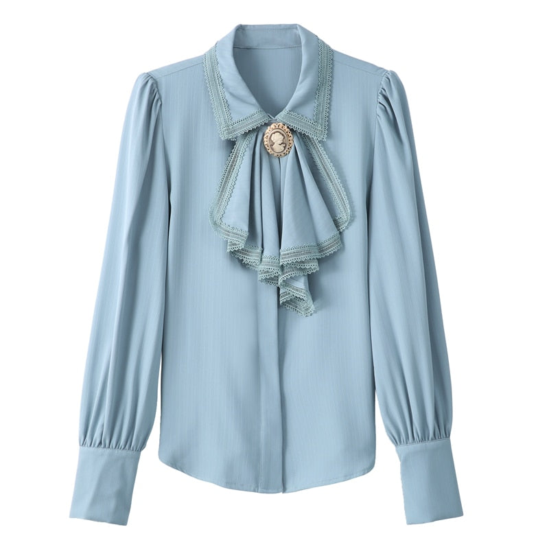 Elegant Retro Blue Chiffon Blouse - OneKlikShop